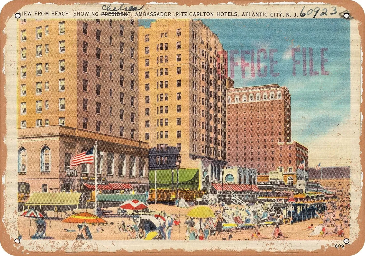 7 x 10 METAL SIGN - New Jersey Postcard - View from beach, showing Chelsea, Ambassador, Ritz Carlton Hotels, Atl - Vintage Rusty Look