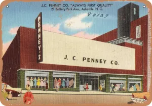 7 x 10 METAL SIGN - North Carolina Postcard - J.C. Penney Co. - Vintage Rusty Look