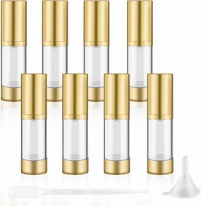 8 Pcs 30ml/1oz Empty Airless Pump Bottles without Straw Plastic Vacuum Bottle Refillable Cosmetic Containers for Lotion Cream Foundation,1Funnel & 1 Pipette,Golden Head