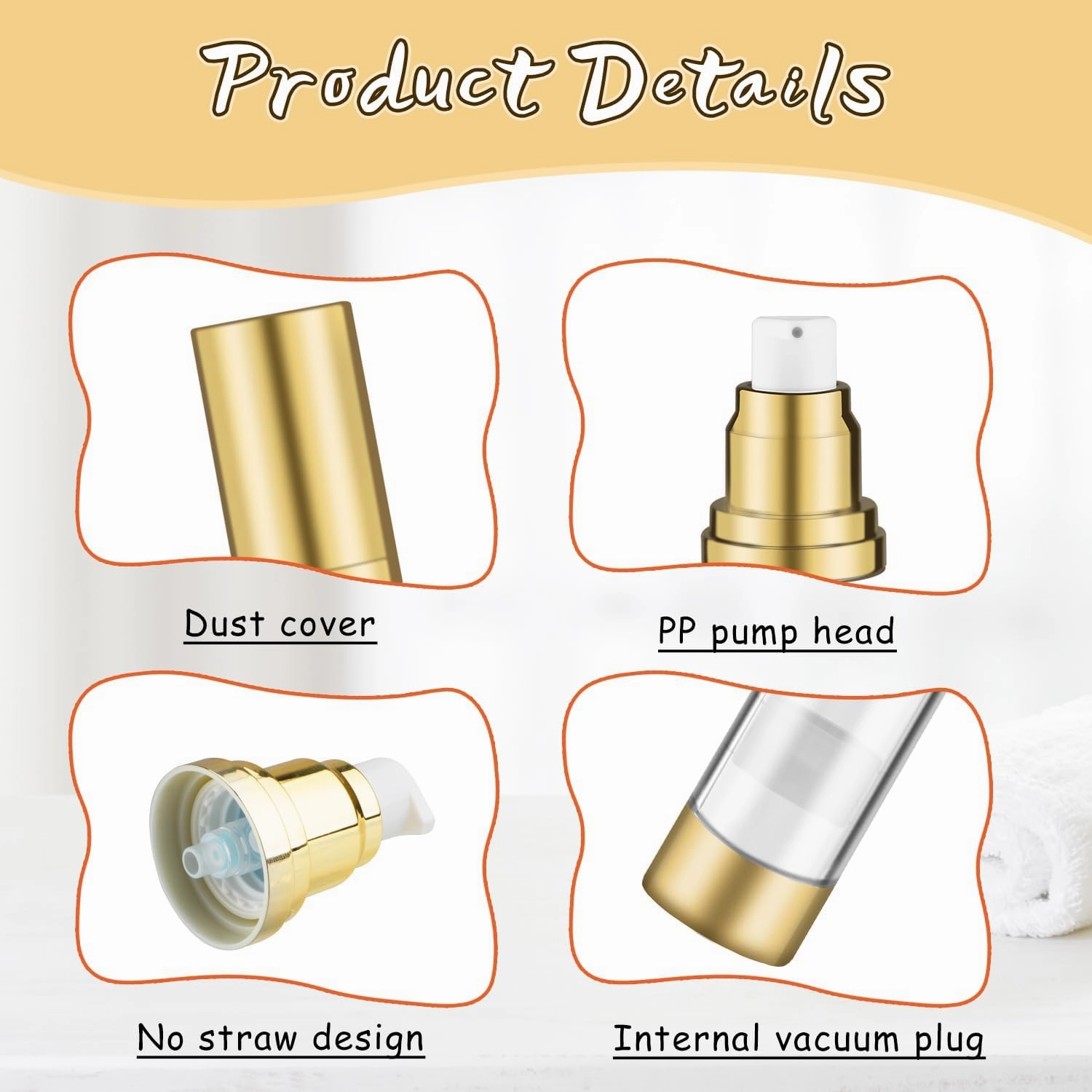 8 Pcs 30ml/1oz Empty Airless Pump Bottles without Straw Plastic Vacuum Bottle Refillable Cosmetic Containers for Lotion Cream Foundation,1Funnel & 1 Pipette,Golden Head