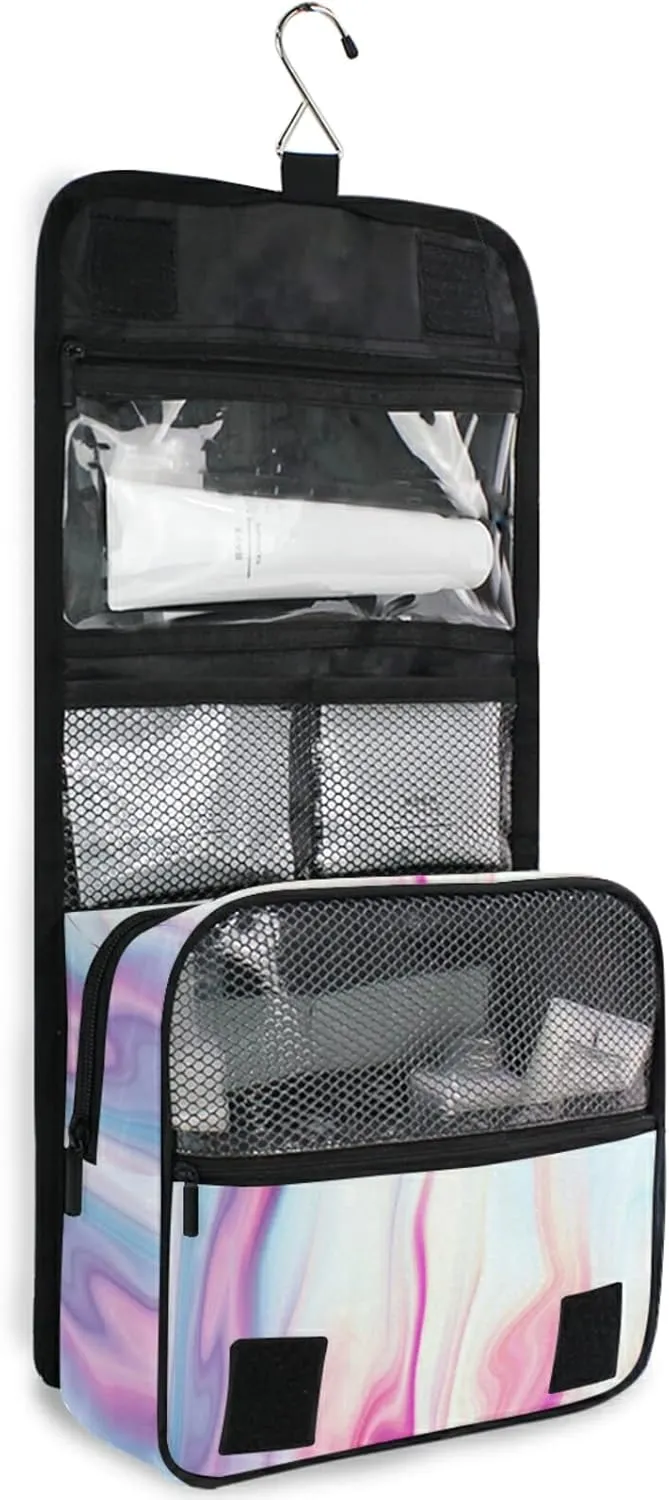 Abstract Liquid Marble Agate Slab Paint Pastel Pink Macro Wavy Lines Hanging Wash Gargle Toiletry Bag Travel Cosmetic Makeup Case Organizer Storage Large Portable