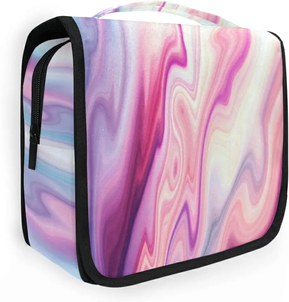 Abstract Liquid Marble Agate Slab Paint Pastel Pink Macro Wavy Lines Hanging Wash Gargle Toiletry Bag Travel Cosmetic Makeup Case Organizer Storage Large Portable