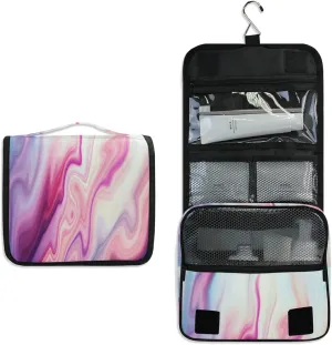 Abstract Liquid Marble Agate Slab Paint Pastel Pink Macro Wavy Lines Hanging Wash Gargle Toiletry Bag Travel Cosmetic Makeup Case Organizer Storage Large Portable