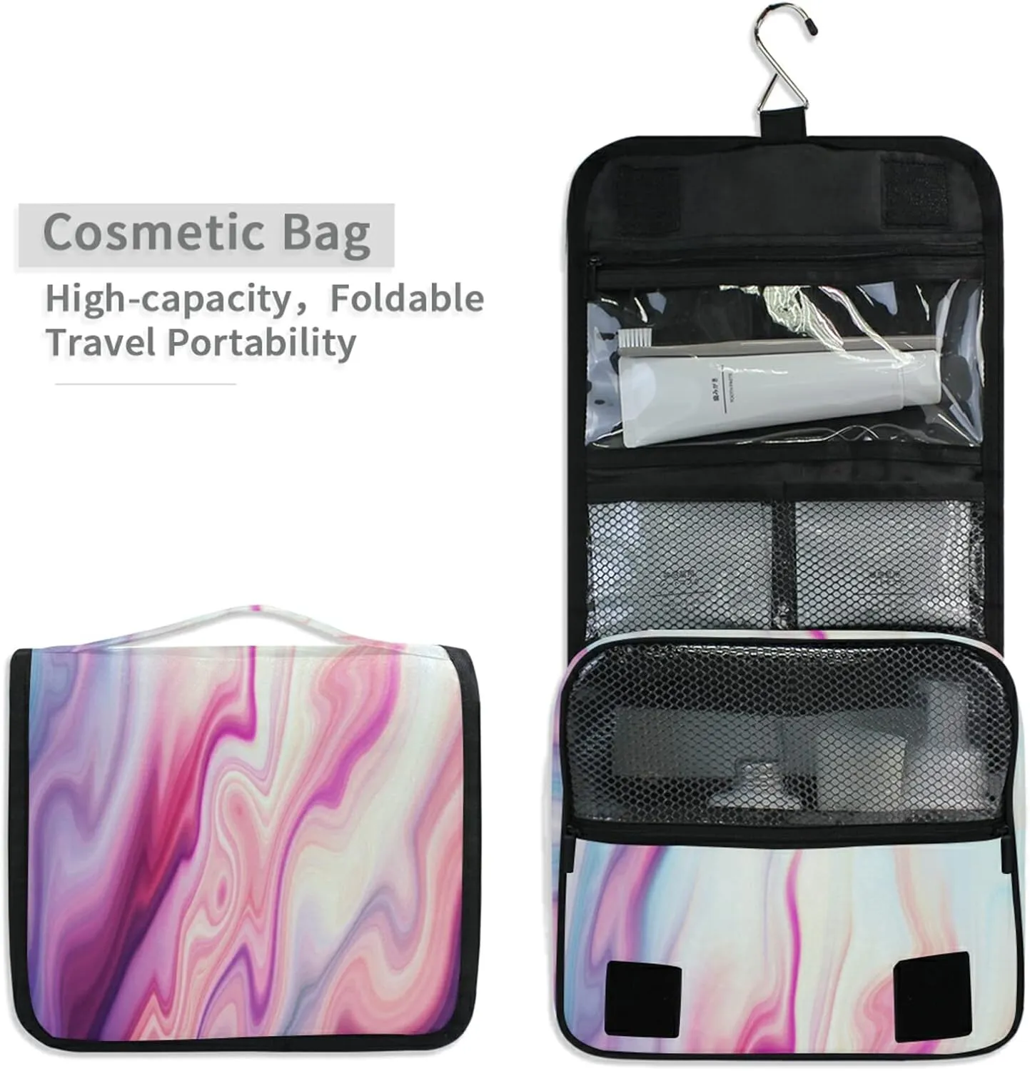 Abstract Liquid Marble Agate Slab Paint Pastel Pink Macro Wavy Lines Hanging Wash Gargle Toiletry Bag Travel Cosmetic Makeup Case Organizer Storage Large Portable