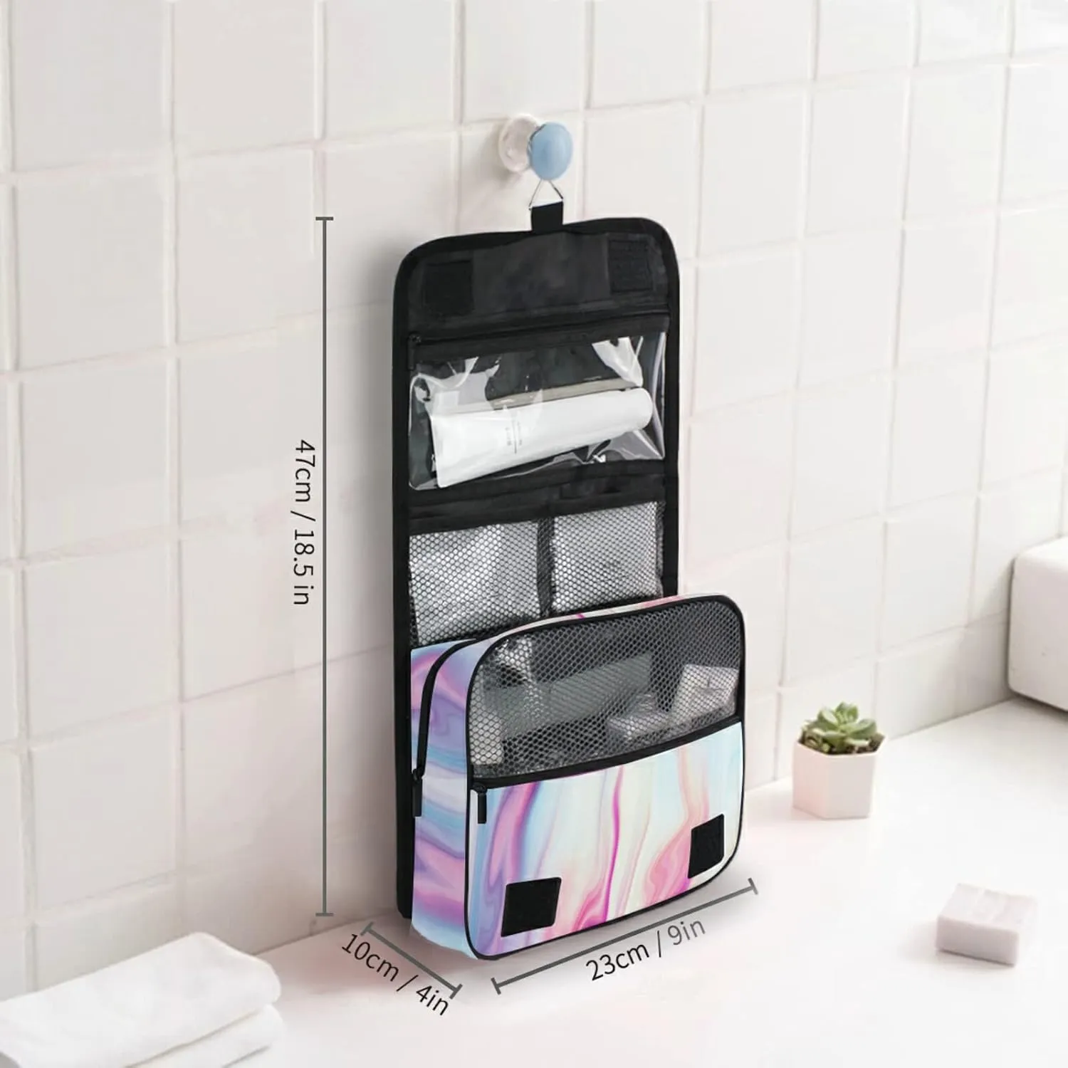 Abstract Liquid Marble Agate Slab Paint Pastel Pink Macro Wavy Lines Hanging Wash Gargle Toiletry Bag Travel Cosmetic Makeup Case Organizer Storage Large Portable