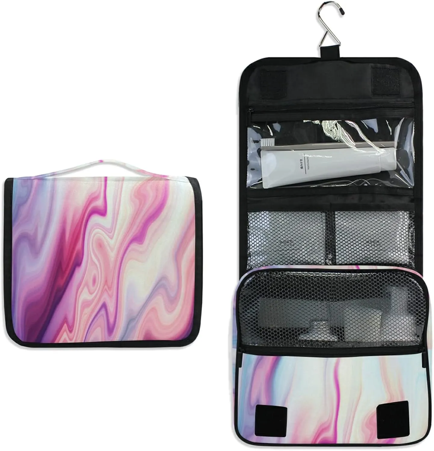 Abstract Liquid Marble Agate Slab Paint Pastel Pink Macro Wavy Lines Hanging Wash Gargle Toiletry Bag Travel Cosmetic Makeup Case Organizer Storage Large Portable