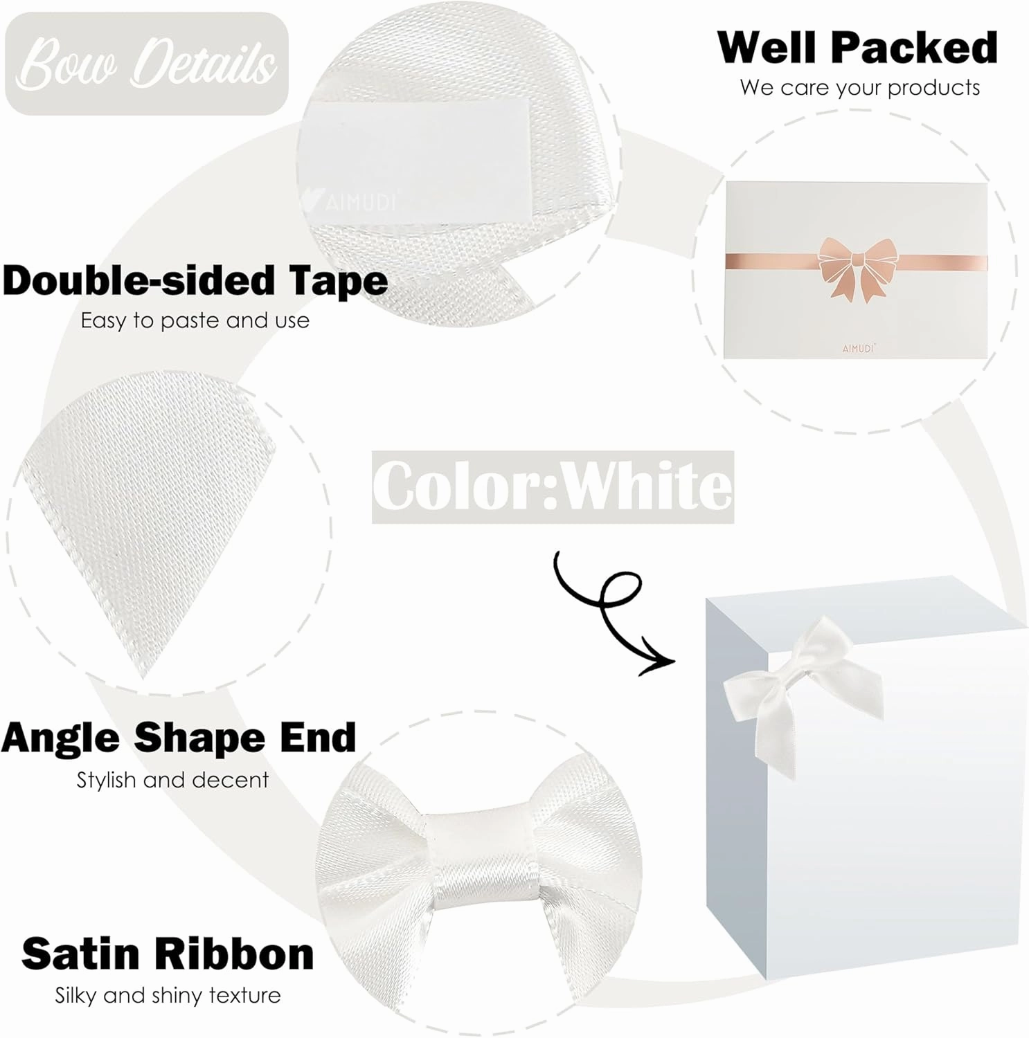 AIMUDI White Satin Ribbon Bows 2" Self Adhesive Satin Bows for Gift Wrapping Premade Ribbon Bows with Double-Sided Tape for Making Crafts Baby Shower Birthday Party Wedding Decorations, 50 PCs