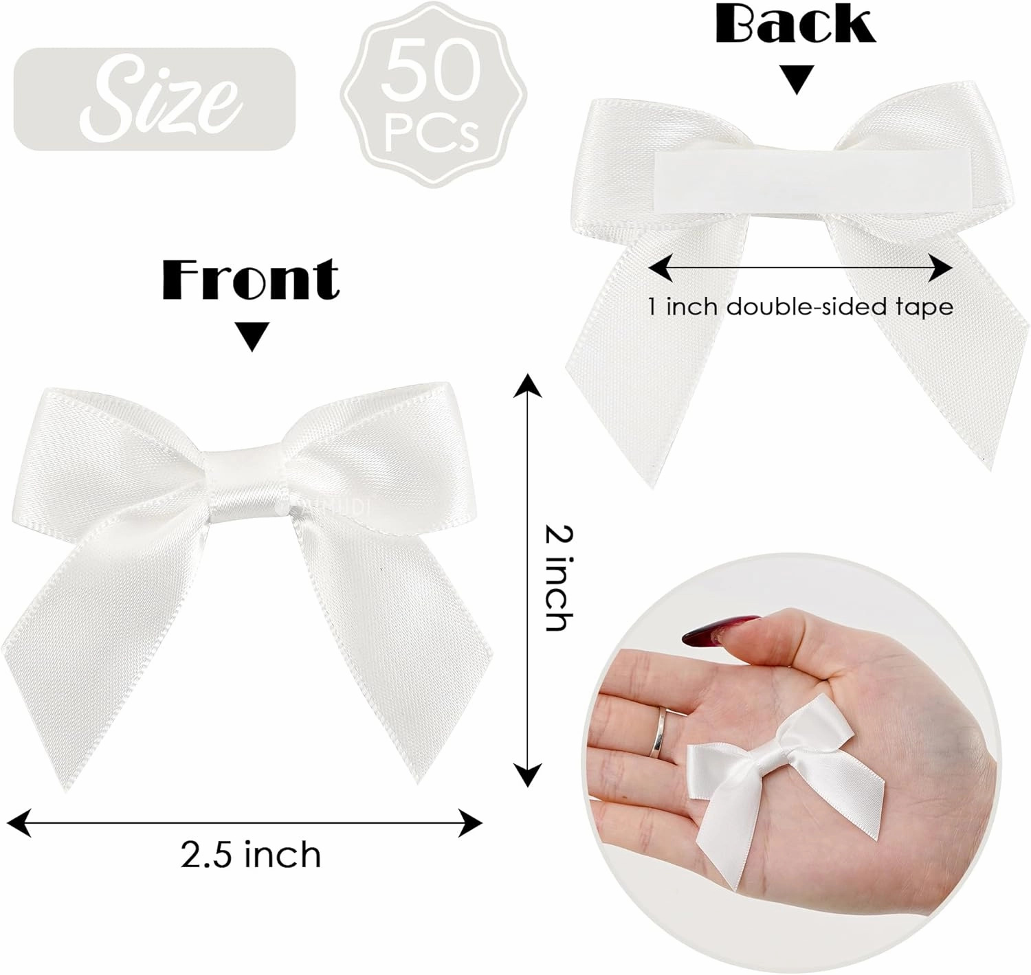 AIMUDI White Satin Ribbon Bows 2" Self Adhesive Satin Bows for Gift Wrapping Premade Ribbon Bows with Double-Sided Tape for Making Crafts Baby Shower Birthday Party Wedding Decorations, 50 PCs