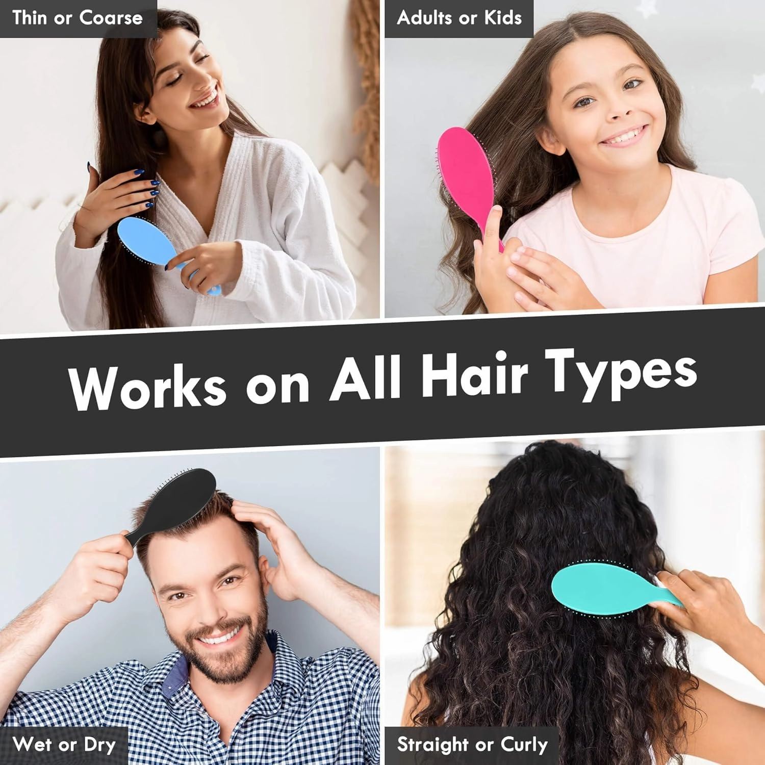 Air Cushion Detangling Hair Brush - 4 Pack Detangler Hairbrush with Ultra Soft Bristles for Effortless Tangle Removal - For Wet Dry Damaged Curly Hair for Women Men Boys Girls Kids - Black
