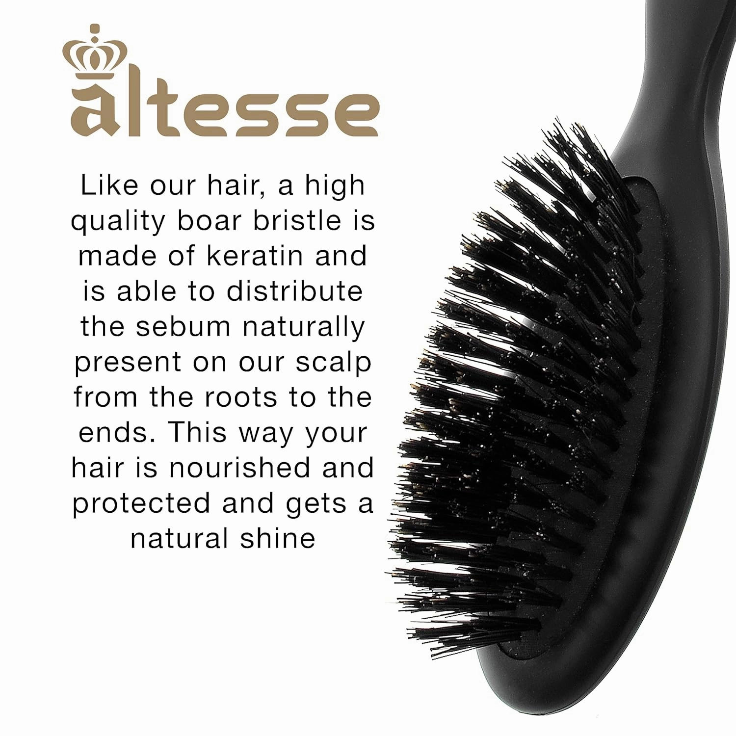 Altesse 2907 Natural Bristle Hair Brush Travel Hairbrush Medium Air Cushion Matte Black Handle with 7 Rows of Black 100% Boar Bristle Hair Brush for Fine Hair for Sensitive Scalps. Made in France