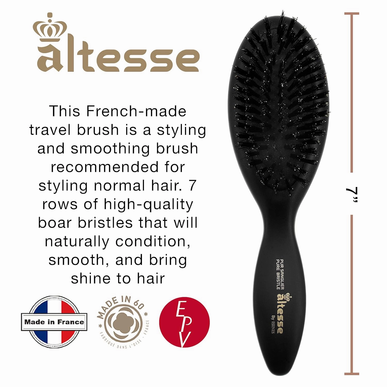 Altesse 2907 Natural Bristle Hair Brush Travel Hairbrush Medium Air Cushion Matte Black Handle with 7 Rows of Black 100% Boar Bristle Hair Brush for Fine Hair for Sensitive Scalps. Made in France