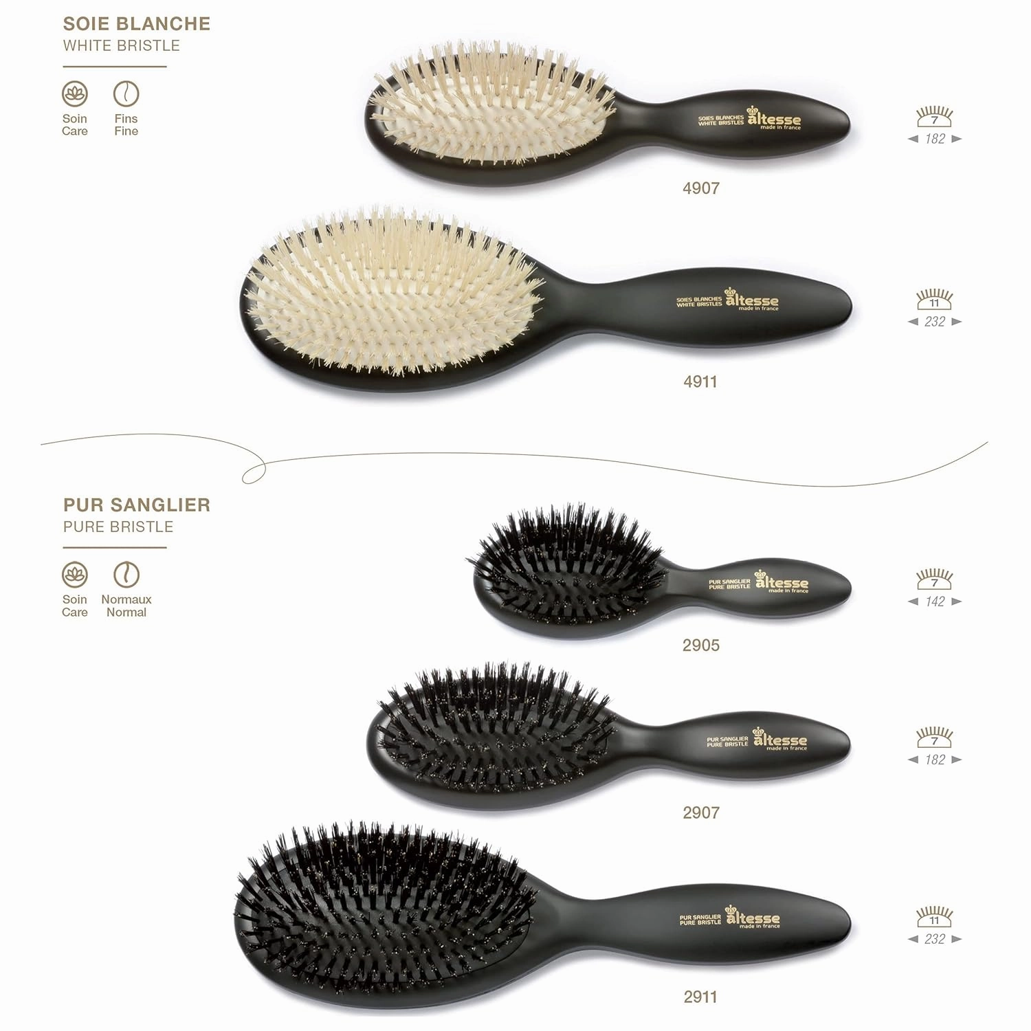 Altesse 2907 Natural Bristle Hair Brush Travel Hairbrush Medium Air Cushion Matte Black Handle with 7 Rows of Black 100% Boar Bristle Hair Brush for Fine Hair for Sensitive Scalps. Made in France