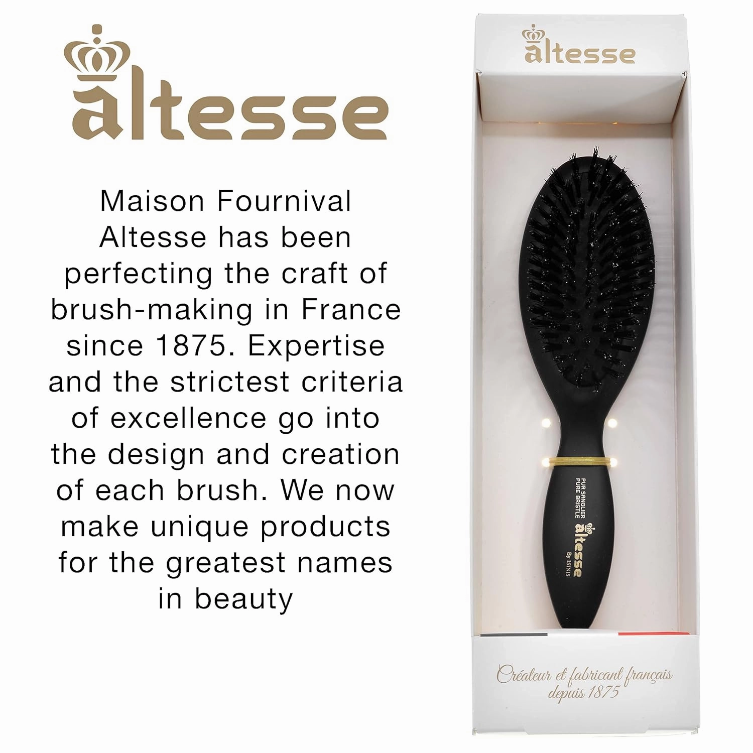 Altesse 2907 Natural Bristle Hair Brush Travel Hairbrush Medium Air Cushion Matte Black Handle with 7 Rows of Black 100% Boar Bristle Hair Brush for Fine Hair for Sensitive Scalps. Made in France