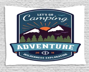 Ambesonne Adventure Tapestry, Signboard of Camping Wilderness Exploration Mountains Illustration, Wide Wall Hanging for Bedroom Living Room Dorm, 80" X 60", White and Multicolor