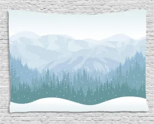 Ambesonne Blue Sky Tapestry, Continuous Wilderness Pine Trees Mountains Winter Time Snowflakes Theme, Wide Wall Hanging for Bedroom Living Room Dorm, 80" X 60", Cadet Blue Pale Blue