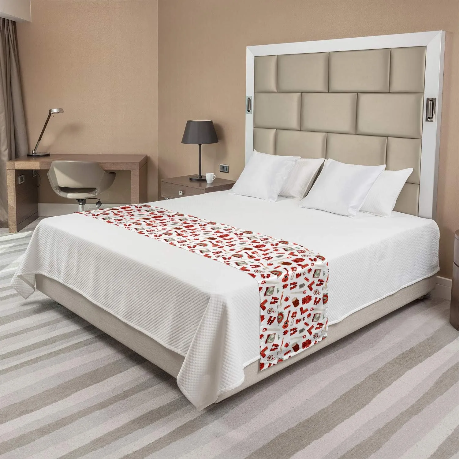 Ambesonne Camping Bed Runner, Lumberjack Elements from Outdoor Leisure Activities in Vinous Tones, Decorative Accent Bedding Scarf for Hotels Homes and Guestrooms, White Vermilion and Brown