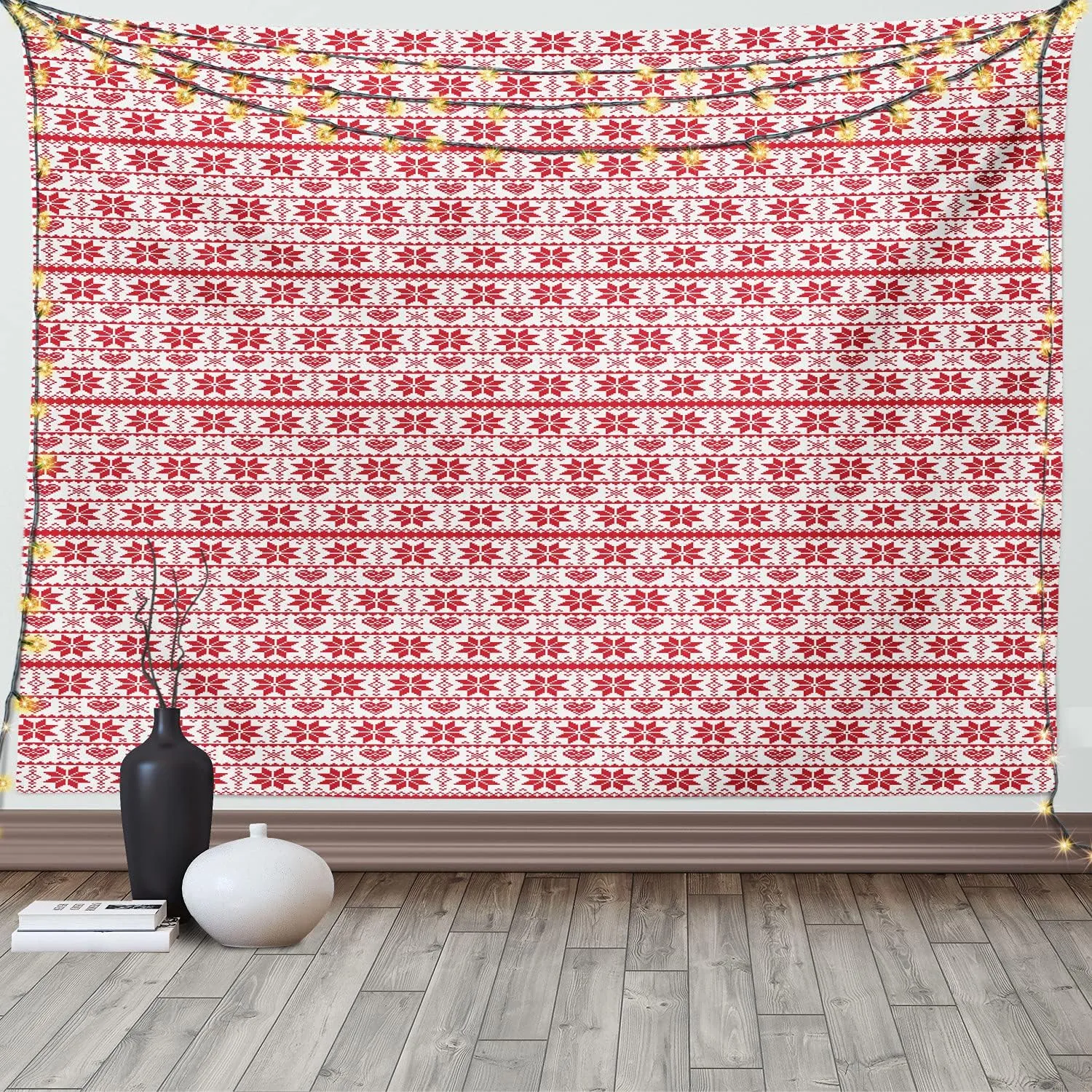 Ambesonne Christmas Tapestry, Scandinavian Tradition Fashion Nordic Borders Geometrical Pixel Retro Style, Wide Wall Hanging for Bedroom Living Room Dorm, 60" X 40", Orange White