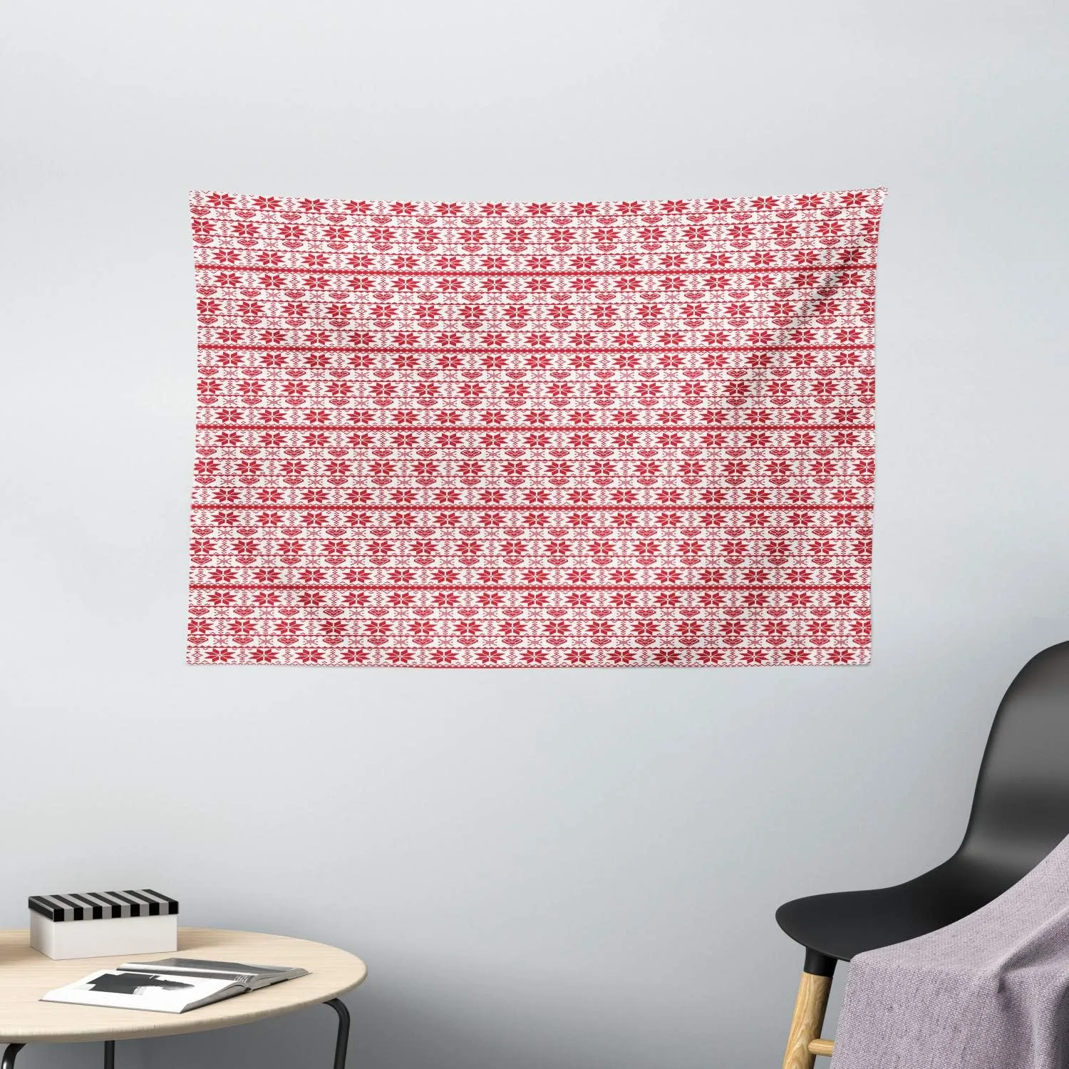 Ambesonne Christmas Tapestry, Scandinavian Tradition Fashion Nordic Borders Geometrical Pixel Retro Style, Wide Wall Hanging for Bedroom Living Room Dorm, 60" X 40", Orange White