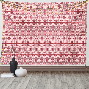 Ambesonne Christmas Tapestry, Scandinavian Tradition Fashion Nordic Borders Geometrical Pixel Retro Style, Wide Wall Hanging for Bedroom Living Room Dorm, 60" X 40", Orange White