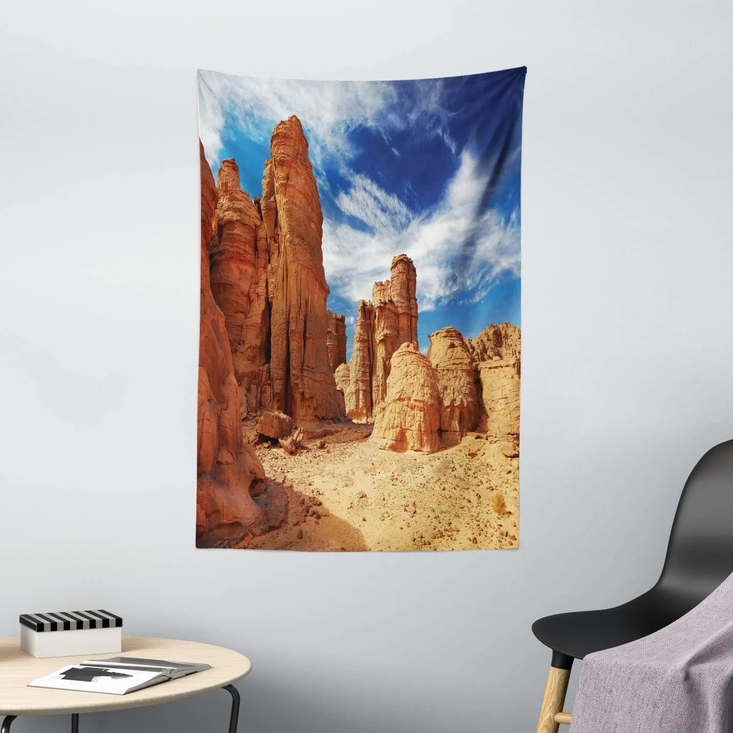 Ambesonne Desert Tapestry, Bizarre Sandstone Cliffs in Sahara Desert Tassili N'Ajjer Algeria, Wall Hanging for Bedroom Living Room Dorm Decor, 40" X 60", Navy Blue Mustard Orange