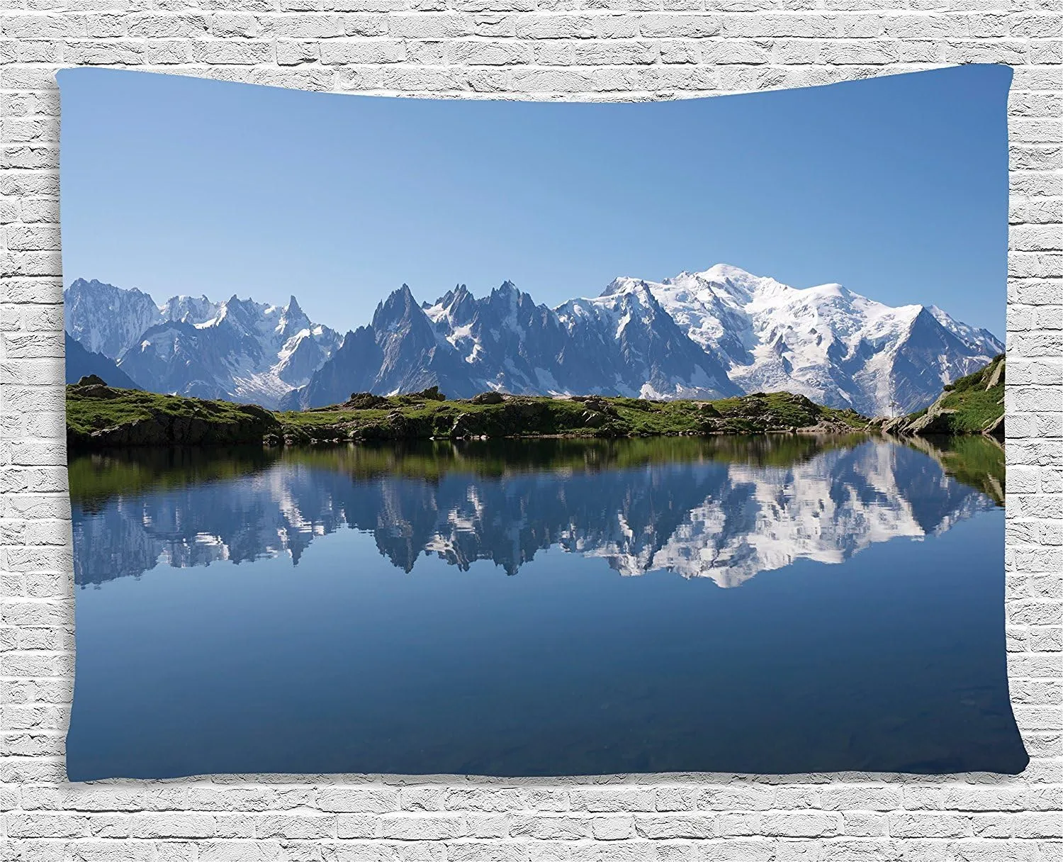 Ambesonne Lake Tapestry, Mont Blanc Mountain Range Reflected in Cheserys Lake Alps France Panorama, Wall Hanging for Bedroom Living Room Dorm, 80" X 60", Pale Blue White Green