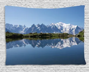 Ambesonne Lake Tapestry, Mont Blanc Mountain Range Reflected in Cheserys Lake Alps France Panorama, Wall Hanging for Bedroom Living Room Dorm, 80" X 60", Pale Blue White Green