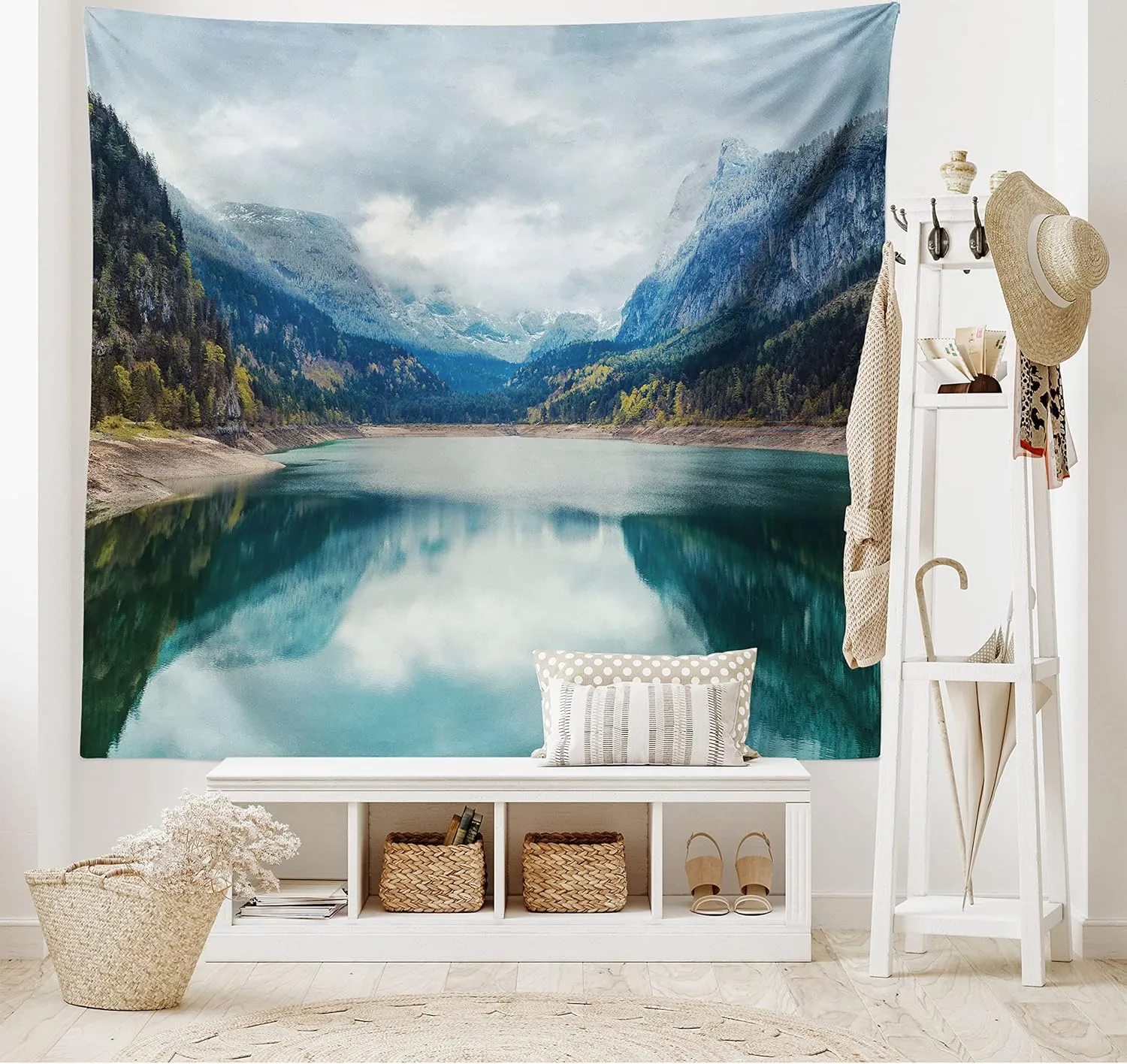 Ambesonne Landscape Tapestry, Alpine Lake with Dramatic Sky Forest and Mountains Journey Art, Wide Wall Hanging for Bedroom Living Room Dorm, 80" X 60", Blue Green Grey