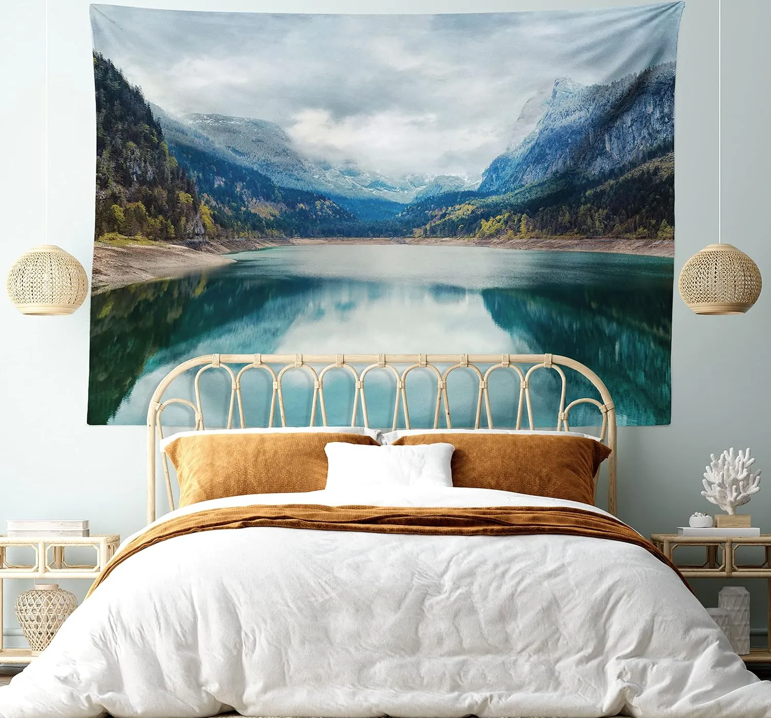 Ambesonne Landscape Tapestry, Alpine Lake with Dramatic Sky Forest and Mountains Journey Art, Wide Wall Hanging for Bedroom Living Room Dorm, 80" X 60", Blue Green Grey