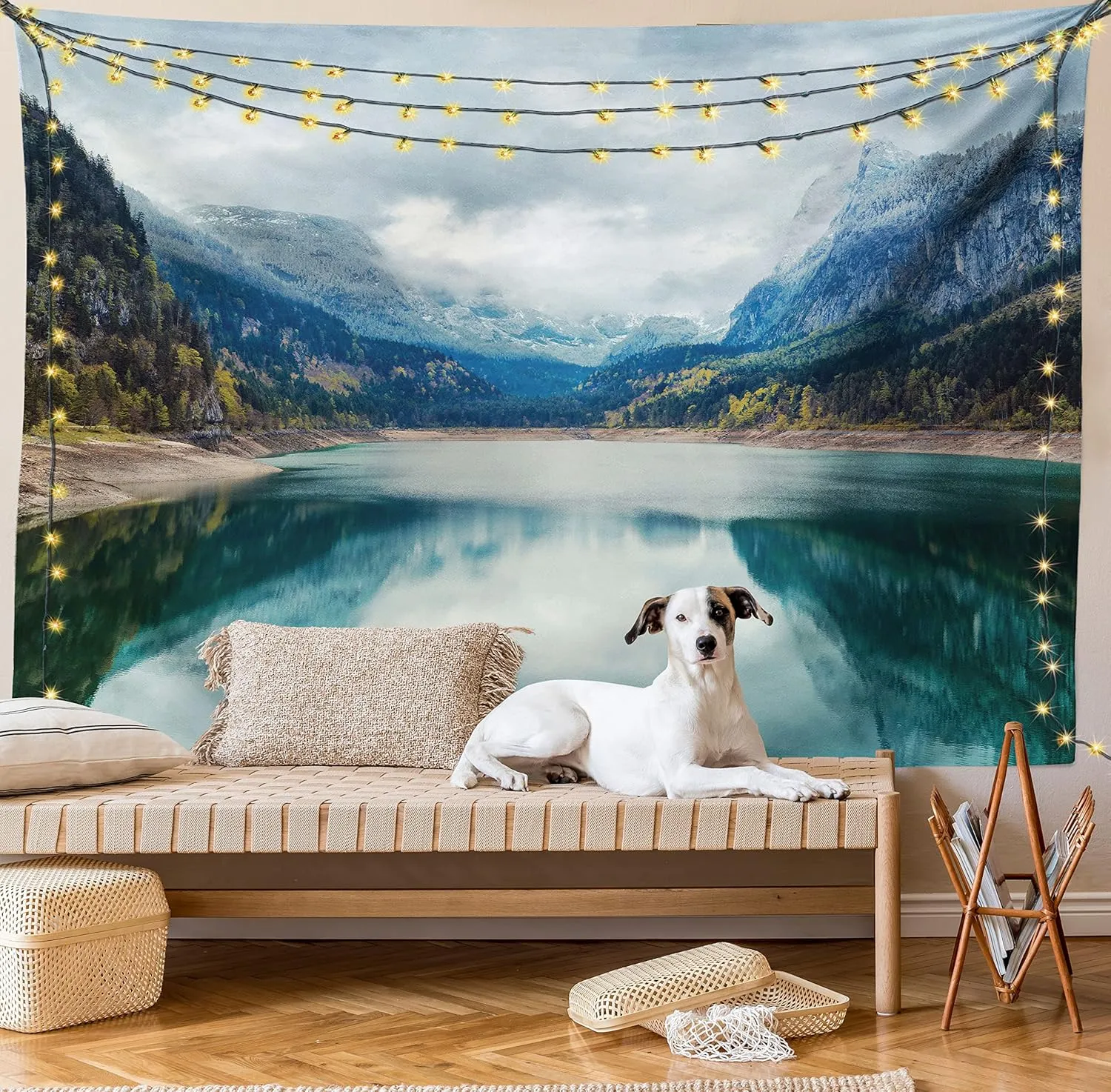Ambesonne Landscape Tapestry, Alpine Lake with Dramatic Sky Forest and Mountains Journey Art, Wide Wall Hanging for Bedroom Living Room Dorm, 80" X 60", Blue Green Grey