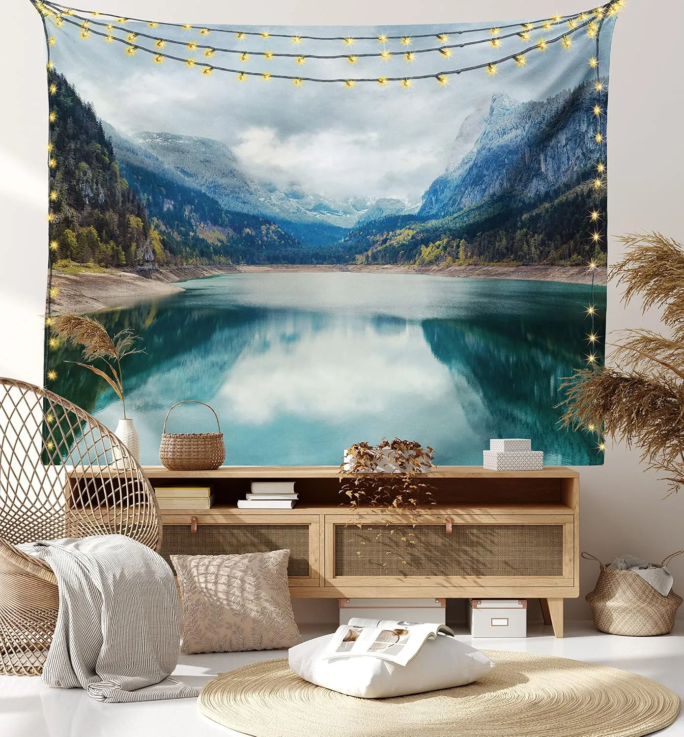 Ambesonne Landscape Tapestry, Alpine Lake with Dramatic Sky Forest and Mountains Journey Art, Wide Wall Hanging for Bedroom Living Room Dorm, 80" X 60", Blue Green Grey
