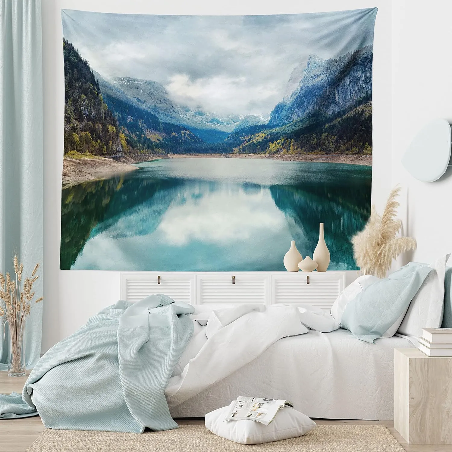 Ambesonne Landscape Tapestry, Alpine Lake with Dramatic Sky Forest and Mountains Journey Art, Wide Wall Hanging for Bedroom Living Room Dorm, 80" X 60", Blue Green Grey