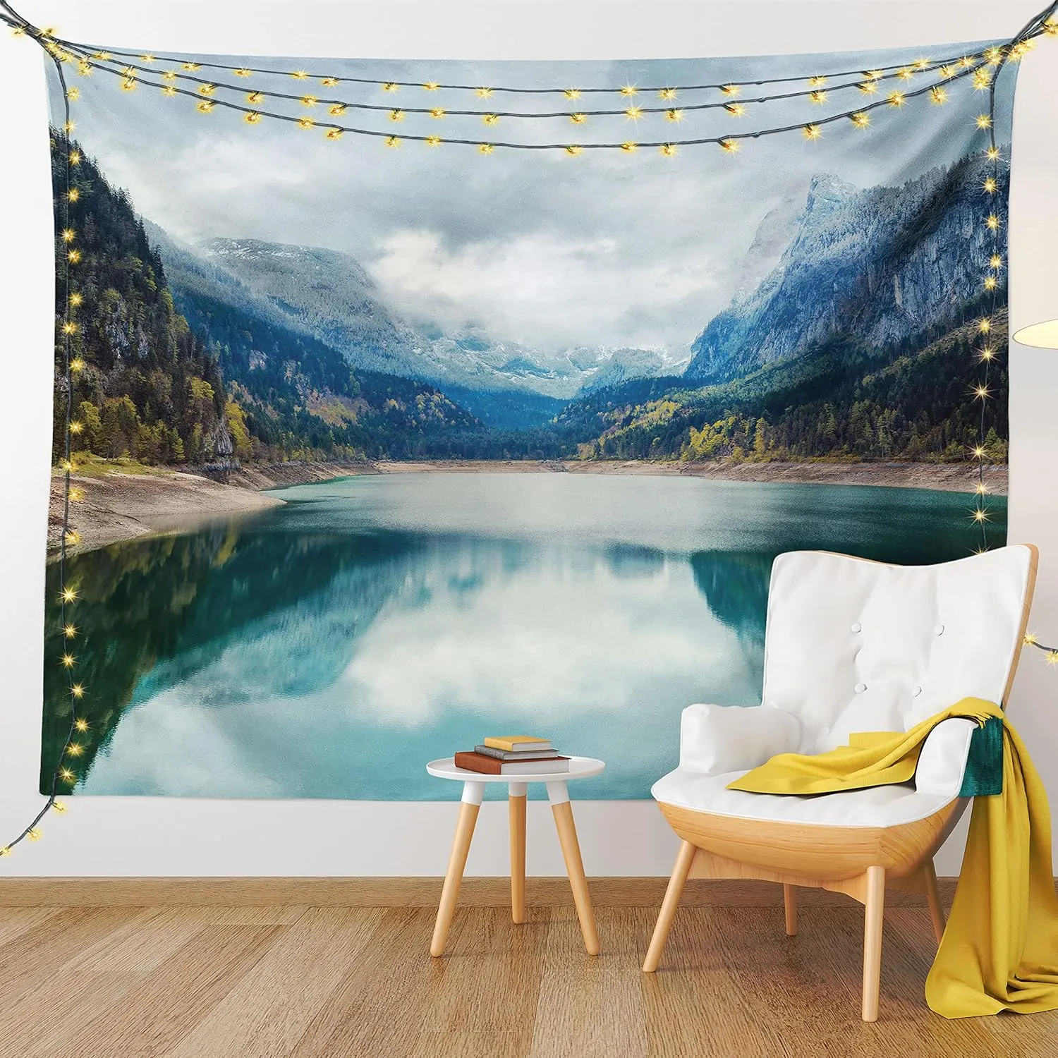 Ambesonne Landscape Tapestry, Alpine Lake with Dramatic Sky Forest and Mountains Journey Art, Wide Wall Hanging for Bedroom Living Room Dorm, 80" X 60", Blue Green Grey