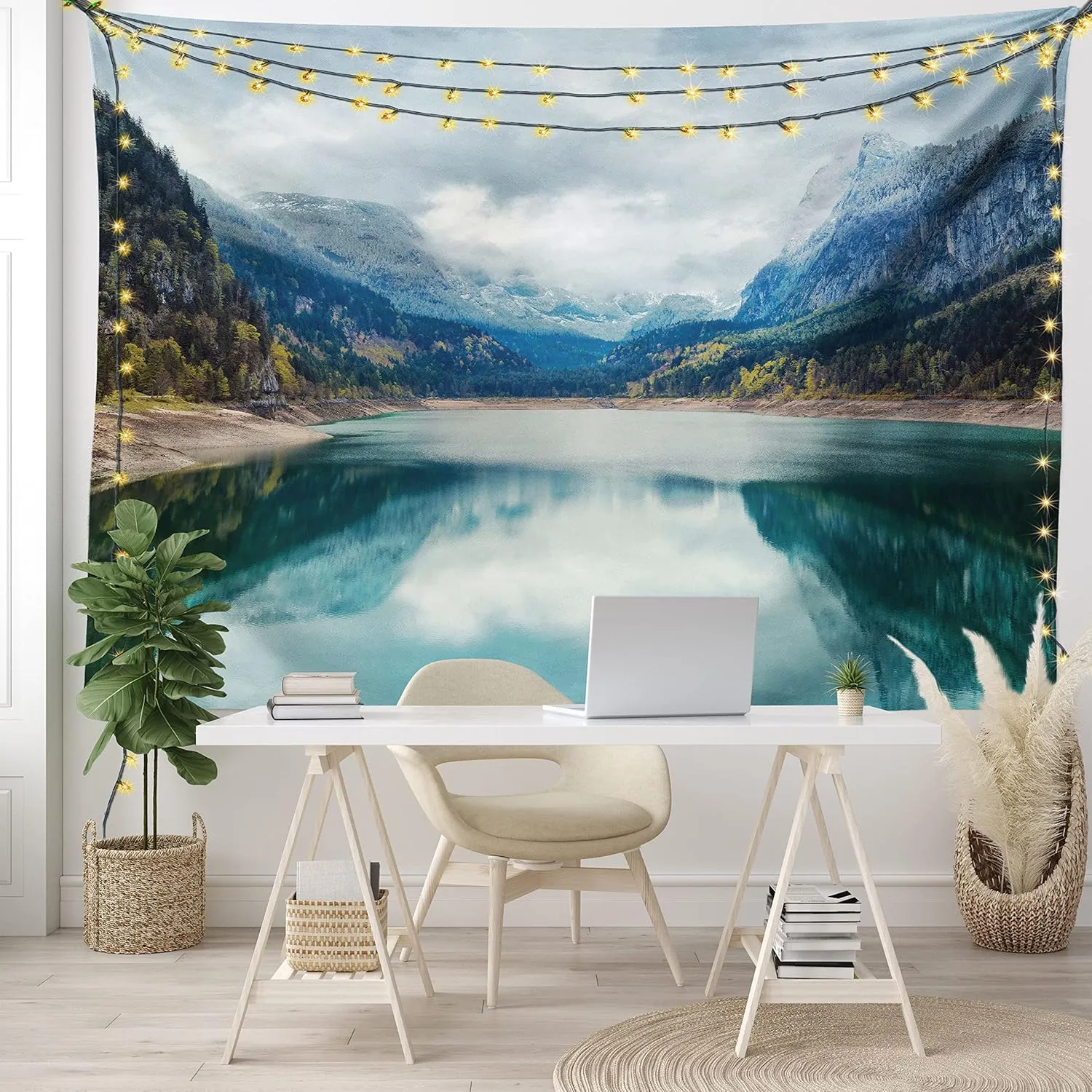 Ambesonne Landscape Tapestry, Alpine Lake with Dramatic Sky Forest and Mountains Journey Art, Wide Wall Hanging for Bedroom Living Room Dorm, 80" X 60", Blue Green Grey
