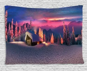Ambesonne Milky Way Tapestry, Wild Alpine Scene with Cabin in The Woods Winter with Starry Skyline Illustration, Wall Hanging for Bedroom Living Room Dorm, 80" X 60", Multicolor