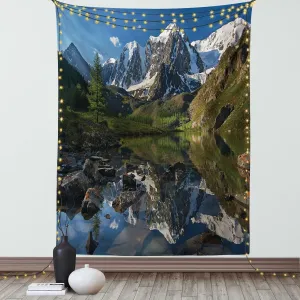 Ambesonne Mountain Range Tapestry, Pastoral Nature Snowy Alps Peaks with Lake Creek River Idyllic Spring Scene, Wall Hanging for Bedroom Living Room Dorm Decor, 60" X 80", Green White