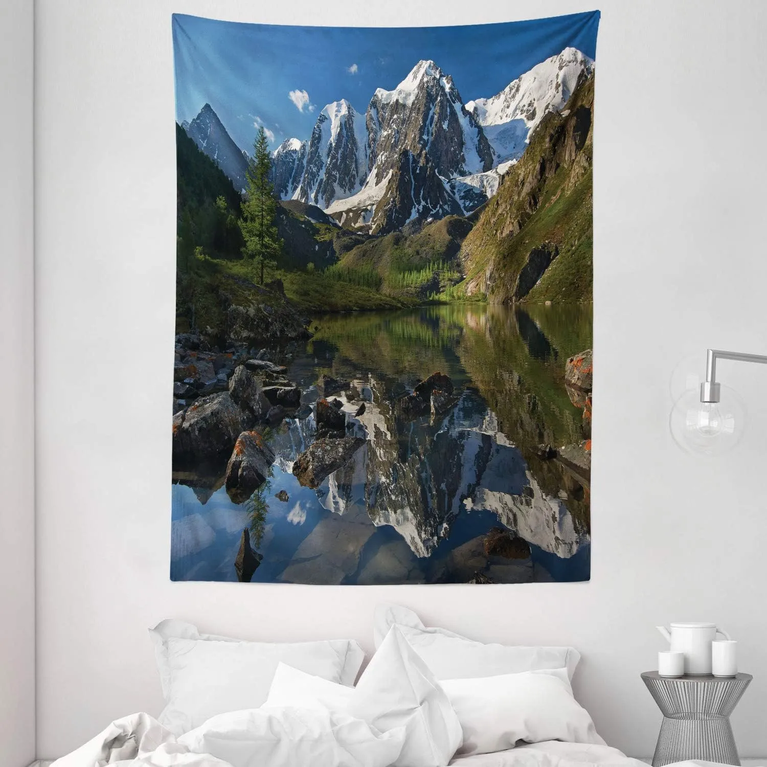 Ambesonne Mountain Range Tapestry, Pastoral Nature Snowy Alps Peaks with Lake Creek River Idyllic Spring Scene, Wall Hanging for Bedroom Living Room Dorm Decor, 60" X 80", Green White
