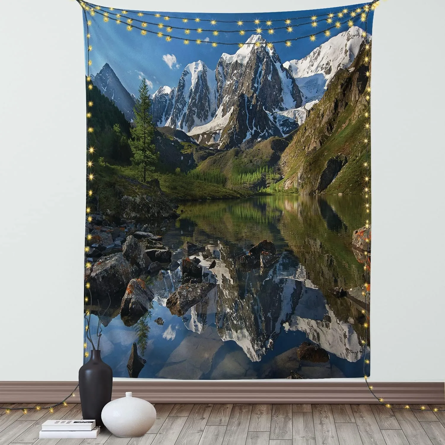 Ambesonne Mountain Range Tapestry, Pastoral Nature Snowy Alps Peaks with Lake Creek River Idyllic Spring Scene, Wall Hanging for Bedroom Living Room Dorm Decor, 60" X 80", Green White
