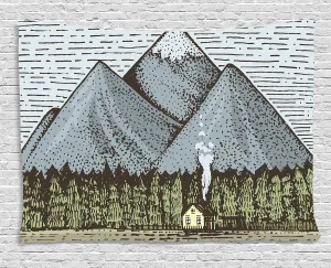 Ambesonne Mountain Tapestry, Sketchy Art of Mountain Range with a Small Country House Vintage Look, Wall Hanging for Bedroom Living Room Dorm, 60" X 40", Slate Blue Green Taupe