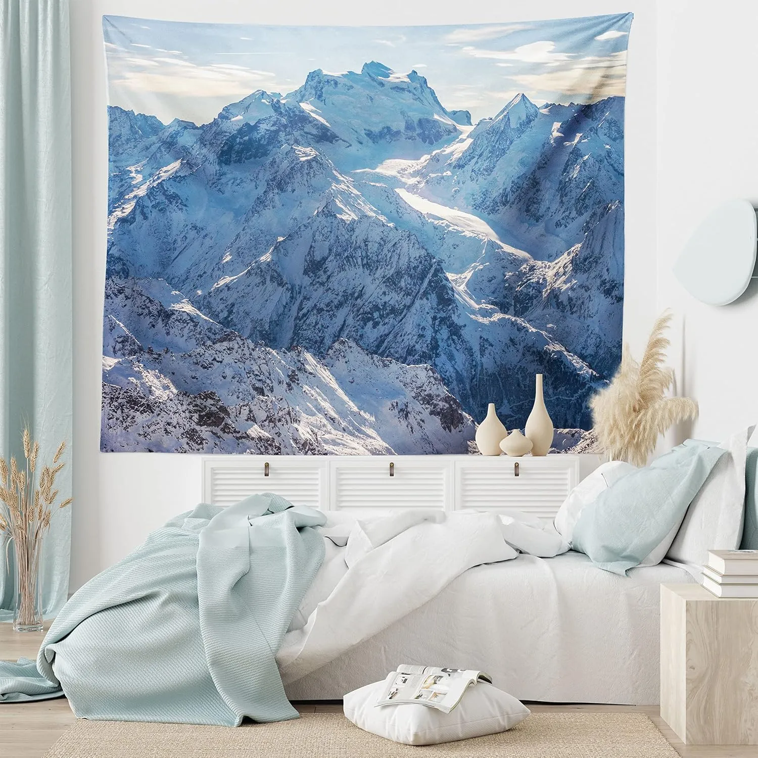 Ambesonne Mountain Tapestry, Snowy Mountain Scene Under The Sky Winter Wilderness Untrodden Nature Print, Wide Wall Hanging for Bedroom Living Room Dorm, 60" X 40", White Blue