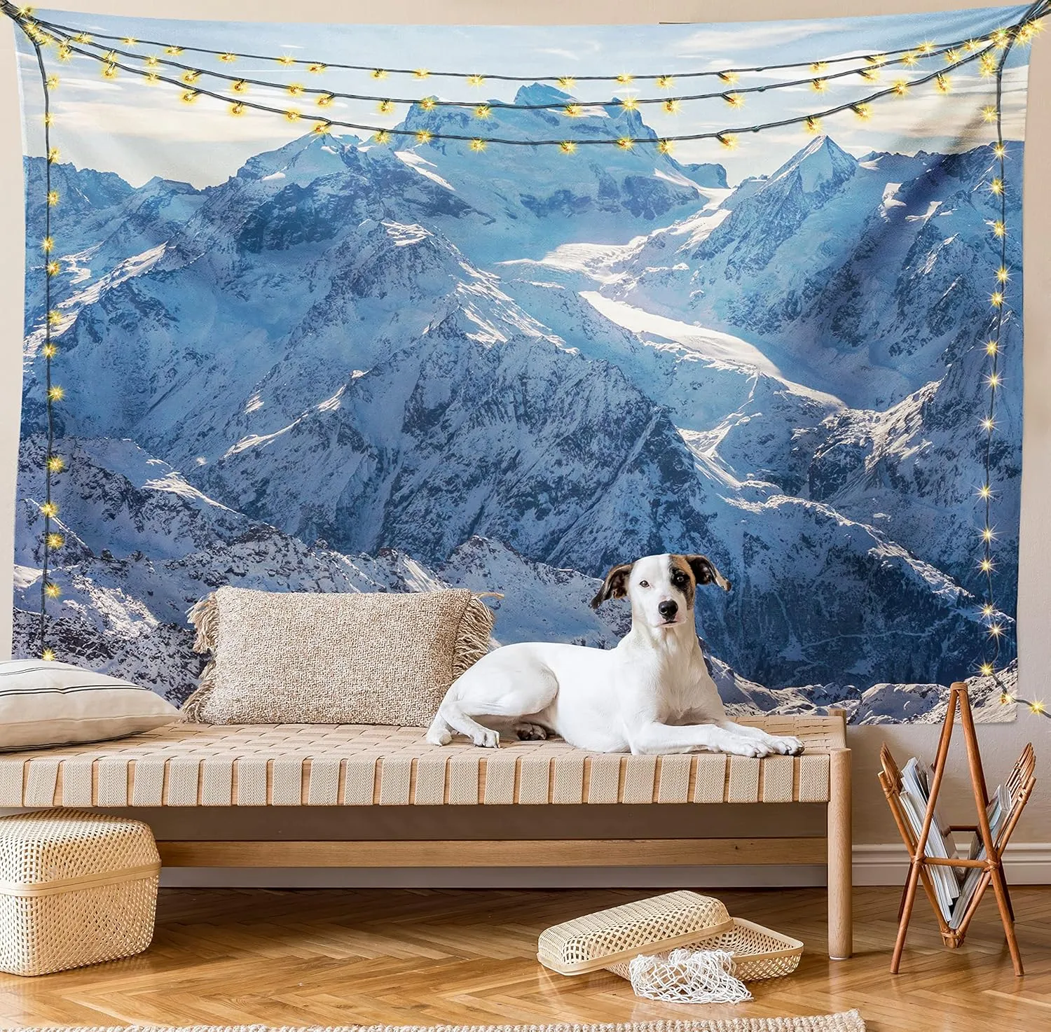 Ambesonne Mountain Tapestry, Snowy Mountain Scene Under The Sky Winter Wilderness Untrodden Nature Print, Wide Wall Hanging for Bedroom Living Room Dorm, 60" X 40", White Blue