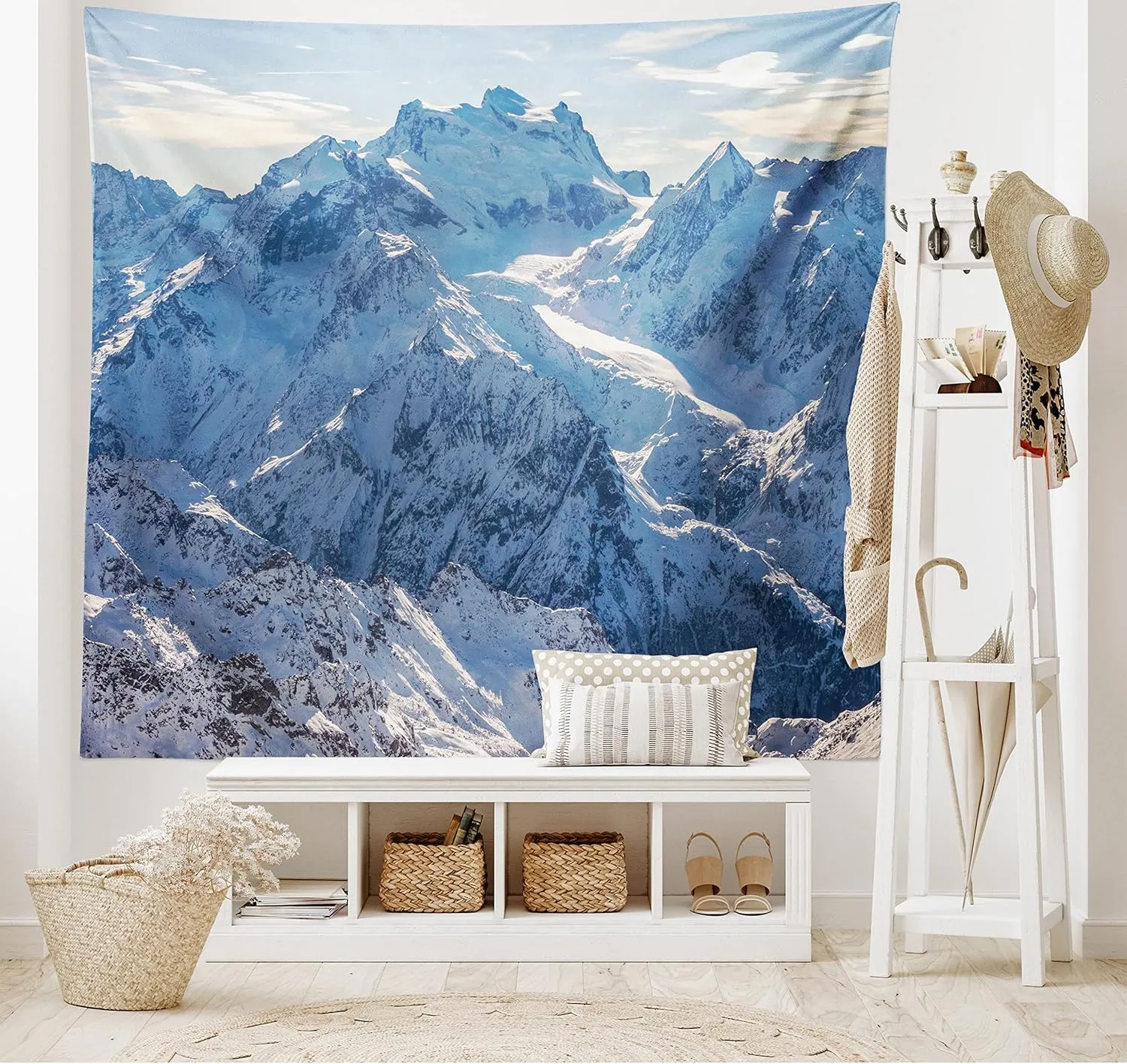 Ambesonne Mountain Tapestry, Snowy Mountain Scene Under The Sky Winter Wilderness Untrodden Nature Print, Wide Wall Hanging for Bedroom Living Room Dorm, 60" X 40", White Blue