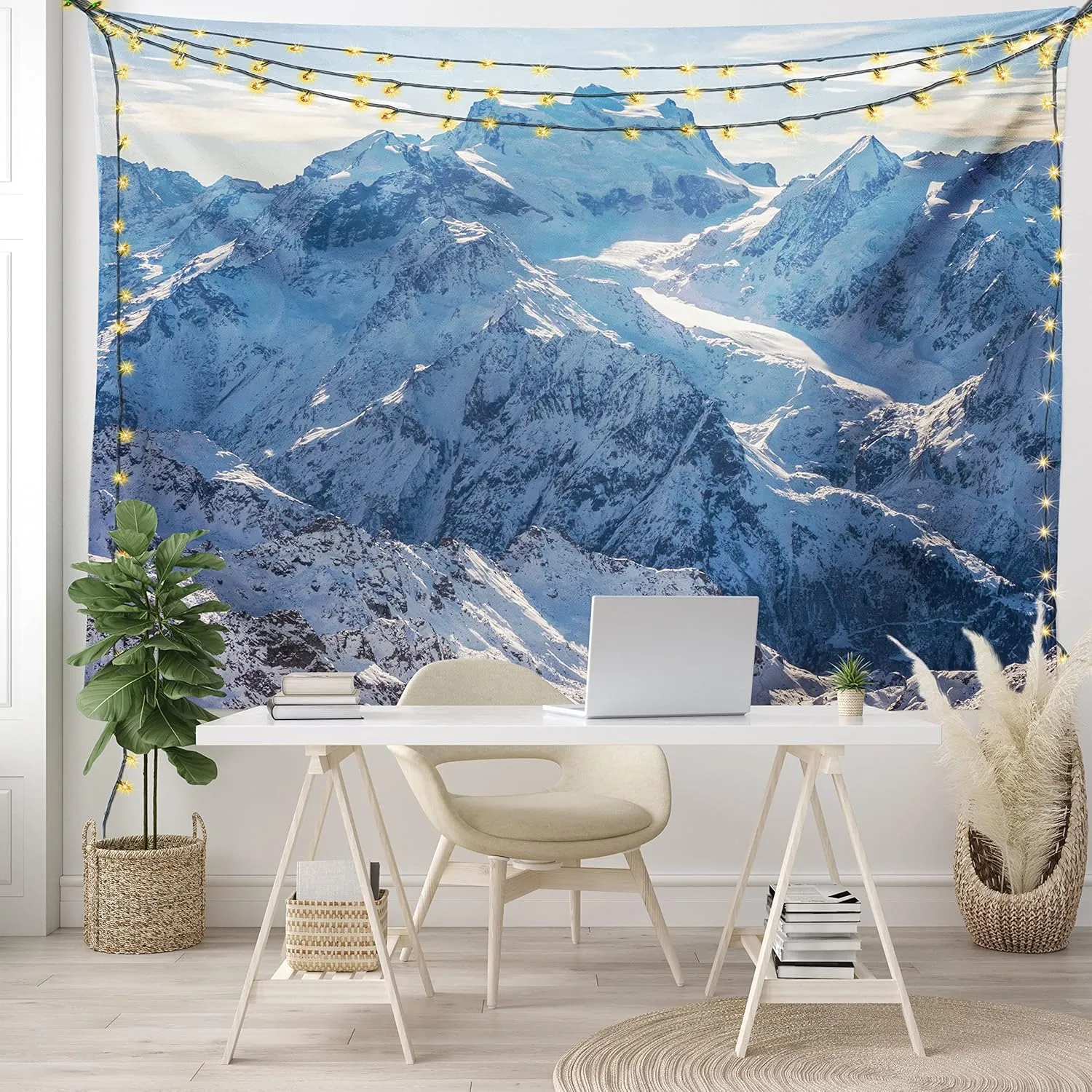 Ambesonne Mountain Tapestry, Snowy Mountain Scene Under The Sky Winter Wilderness Untrodden Nature Print, Wide Wall Hanging for Bedroom Living Room Dorm, 60" X 40", White Blue