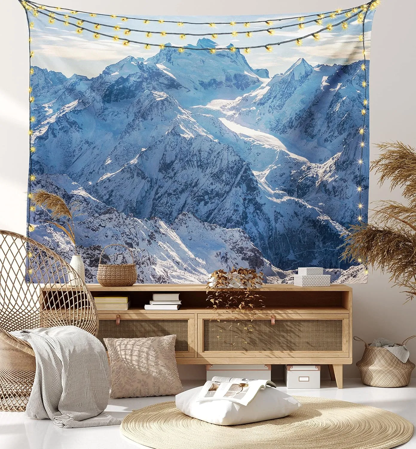 Ambesonne Mountain Tapestry, Snowy Mountain Scene Under The Sky Winter Wilderness Untrodden Nature Print, Wide Wall Hanging for Bedroom Living Room Dorm, 60" X 40", White Blue