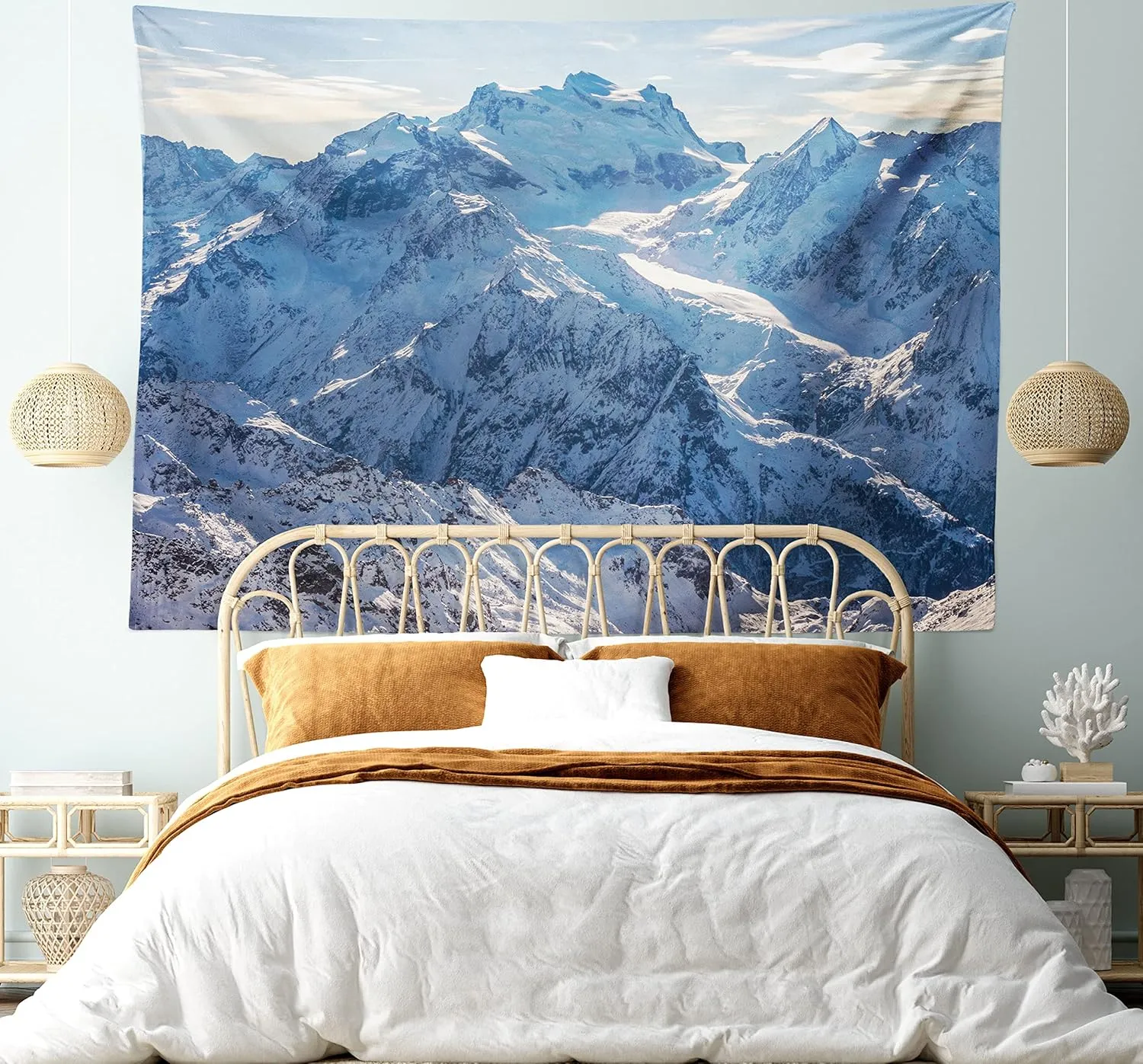 Ambesonne Mountain Tapestry, Snowy Mountain Scene Under The Sky Winter Wilderness Untrodden Nature Print, Wide Wall Hanging for Bedroom Living Room Dorm, 60" X 40", White Blue