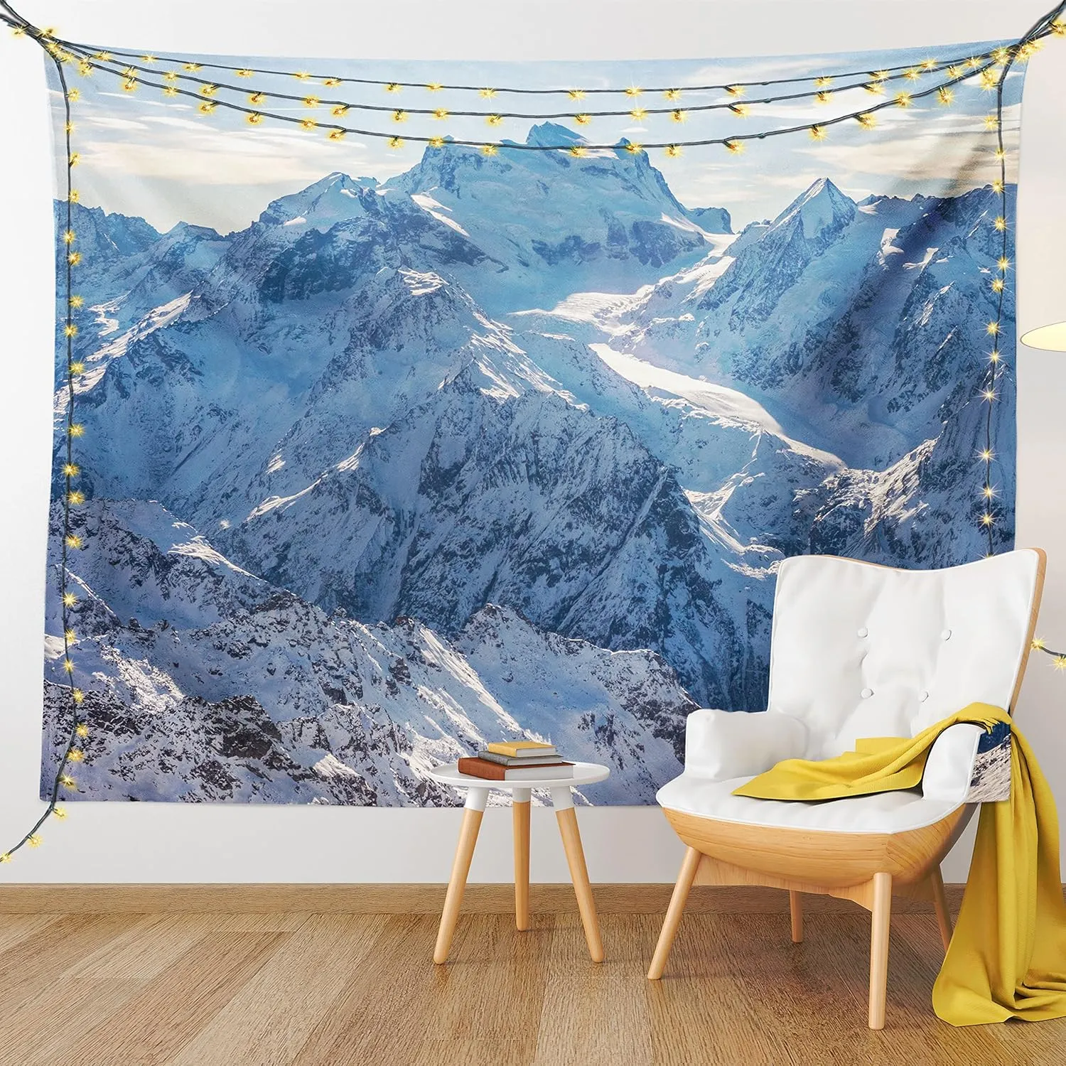 Ambesonne Mountain Tapestry, Snowy Mountain Scene Under The Sky Winter Wilderness Untrodden Nature Print, Wide Wall Hanging for Bedroom Living Room Dorm, 60" X 40", White Blue