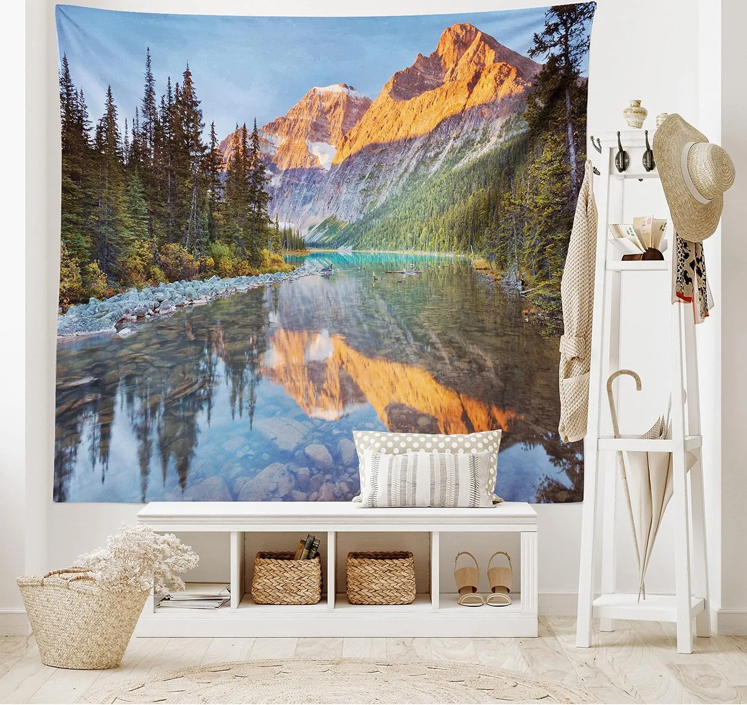 Ambesonne National Parks Tapestry, Canadian Rocky Mountain Range on Edith Cavell Lake Pastoral Image Print, Wide Wall Hanging for Bedroom Living Room Dorm, 80" X 60", Blue and Orange