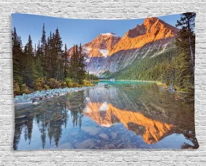 Ambesonne National Parks Tapestry, Canadian Rocky Mountain Range on Edith Cavell Lake Pastoral Image Print, Wide Wall Hanging for Bedroom Living Room Dorm, 80" X 60", Blue and Orange