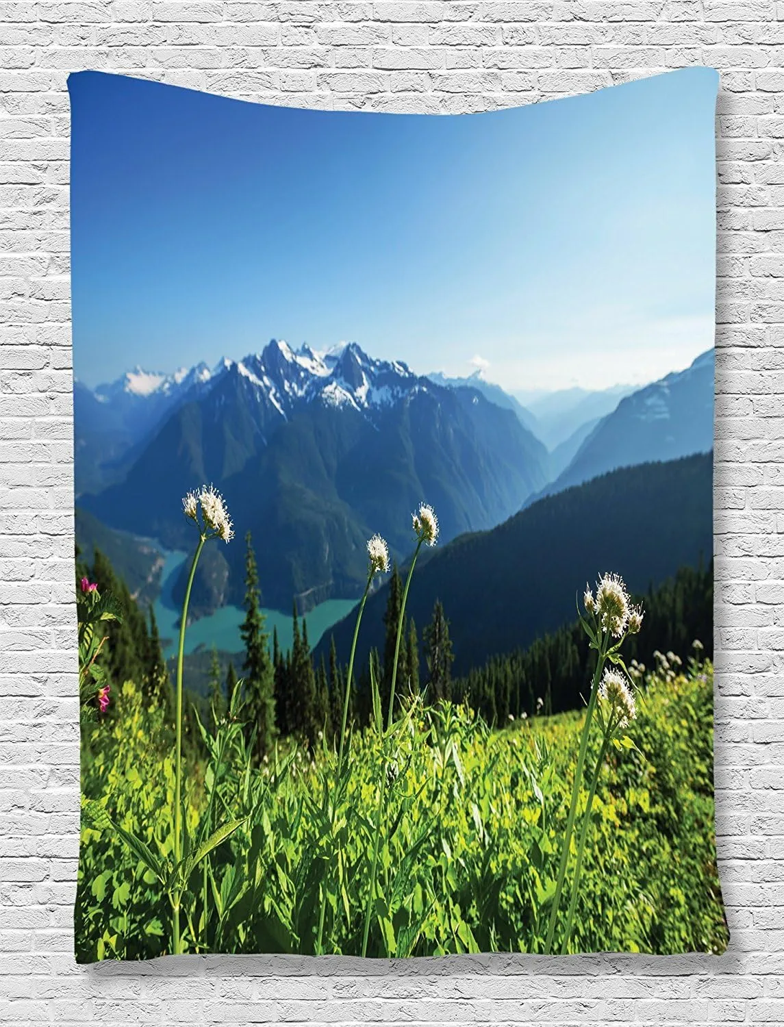 Ambesonne Nature Tapestry, Diablo Lake Mountains Dandelions Thistle Flowers Wilderness Nature Image, Wall Hanging for Bedroom Living Room Dorm Decor, 60" X 80", Sky Blue Green