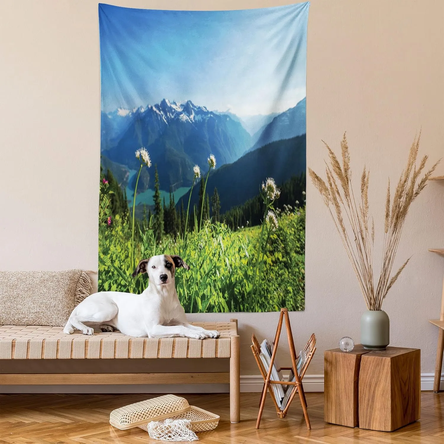 Ambesonne Nature Tapestry, Diablo Lake Mountains Dandelions Thistle Flowers Wilderness Nature Image, Wall Hanging for Bedroom Living Room Dorm Decor, 60" X 80", Sky Blue Green