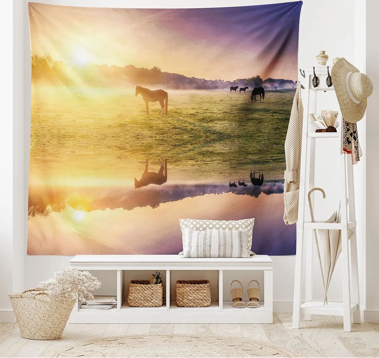Ambesonne Nature Tapestry, Horse Valley in South a Lake Reflection and Sun Rising Above Mountains Print, Wide Wall Hanging for Bedroom Living Room Dorm, 60" X 40", Pale Yellow